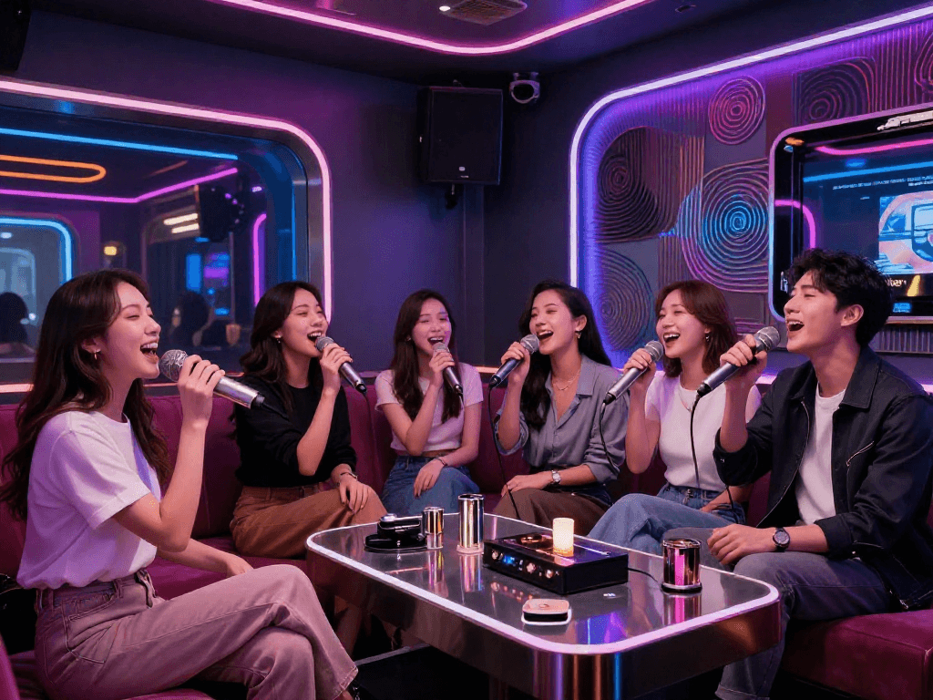 강남 가라오케 gangnam-karaoke.kr에서 친구들과 함께 노래를 부르는 화려한 내부 모습.