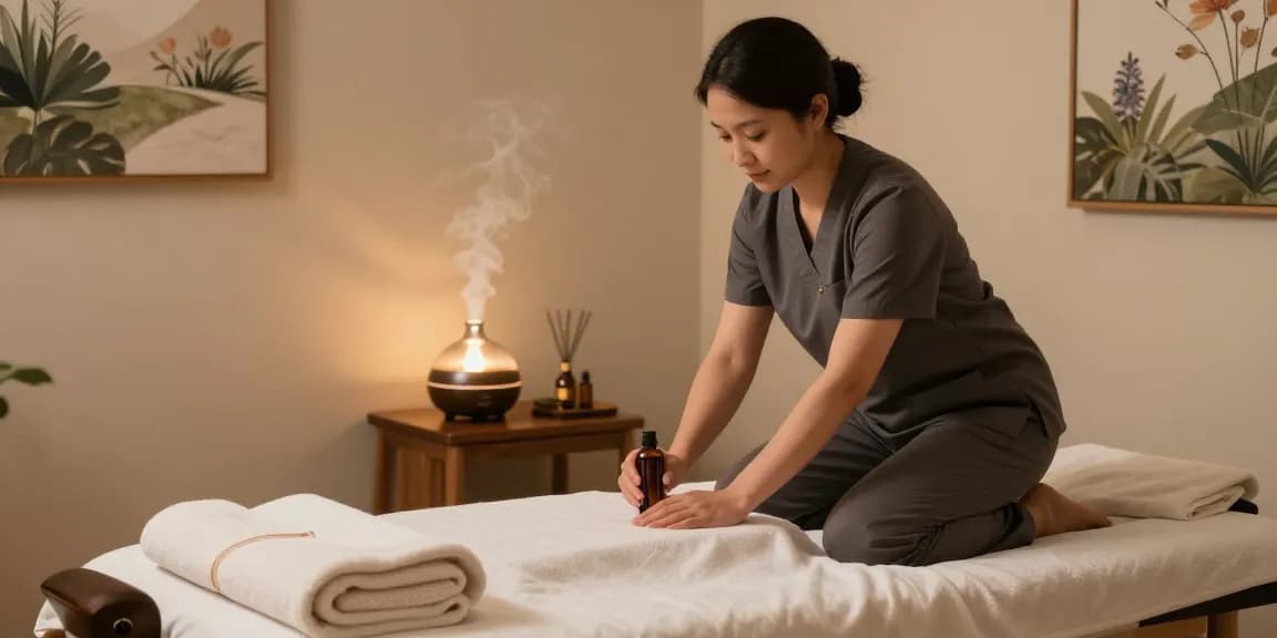 시흥출장마사지 service in a cozy home setting with a therapist preparing aromatic oils for clients.