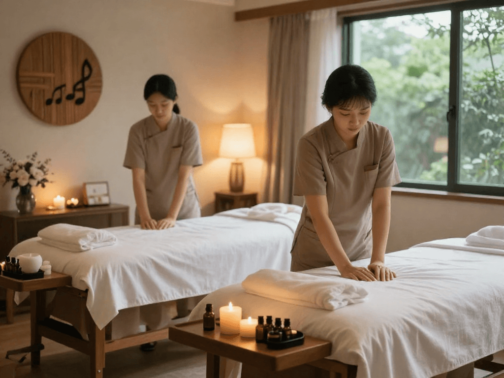 일산출장안마 in a tranquil massage room with soft lighting and calming decor