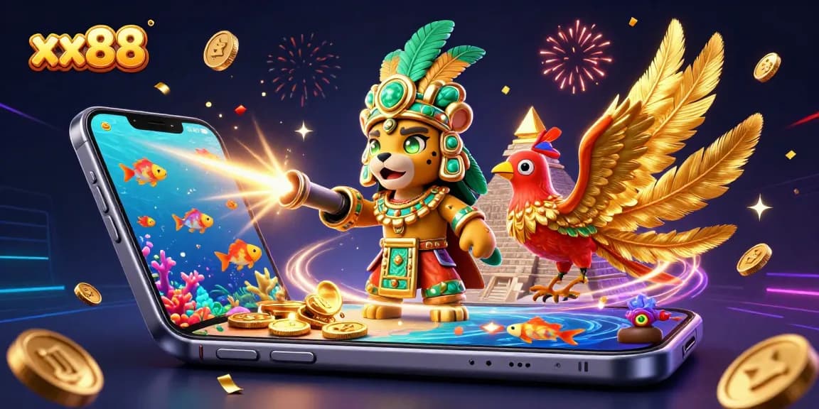 Engage in thrilling fish shooting action with xx88's vibrant underwater game setup featuring gold coins and sea creatures.