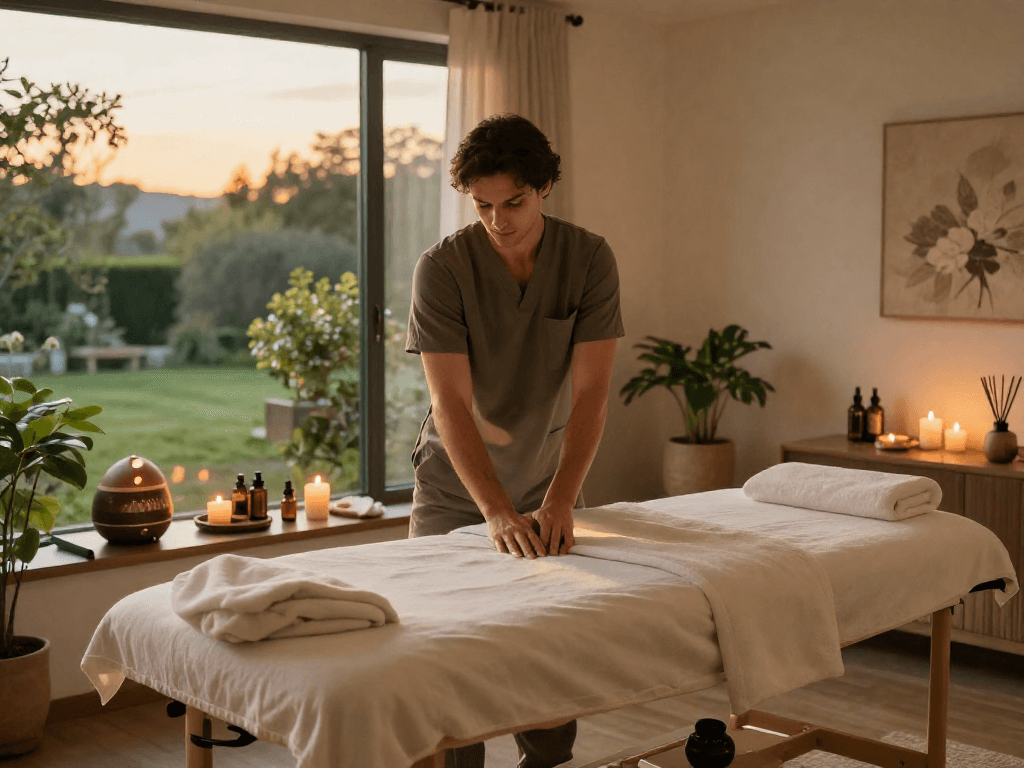 Relaxing 분당구오피 massage therapy room with calming ambiance and soothing elements.