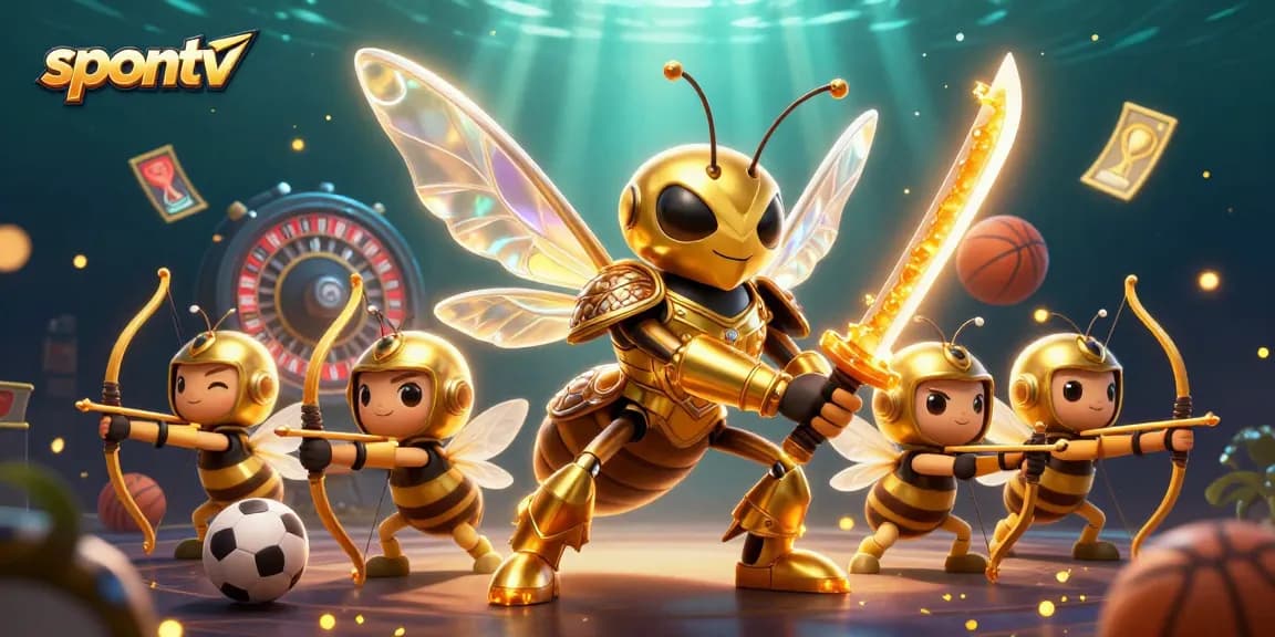 Experience live sports streaming on spontv with immersive 3D illustration of a giant hornet and bee archers featuring vibrant gaming elements.