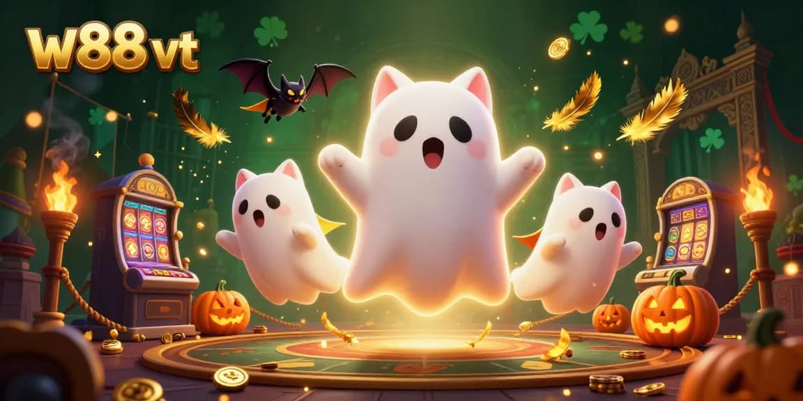 Cá cược hấp dẫn tại w88 vt với hồn ma mèo và dơi, khung cảnh casino sôi động.