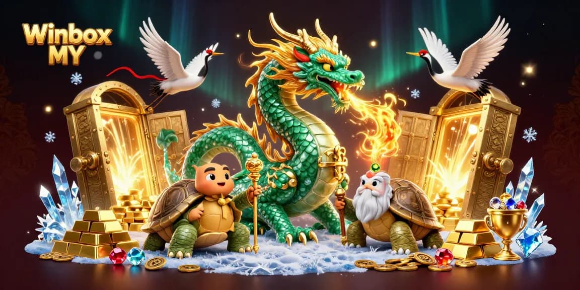 Experience the excitement of Winbox MY with a vibrant 3D casino illustration featuring rich characters and gold treasures.
