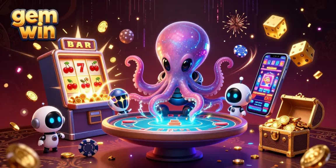 Experience gem win excitement with a colorful alien octopus at a holographic poker table in this vibrant casino illustration.