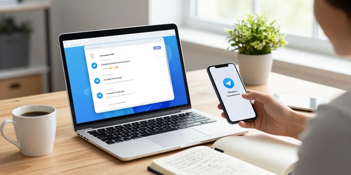 Setting Telegram Chinese language preferences in a tech workspace with interactive devices.