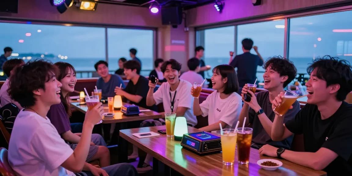 제주유흥에서 즐거운 시간을 보내는 친구들, 화려한 네온 조명과 음료가 있는 활기찬 장소
