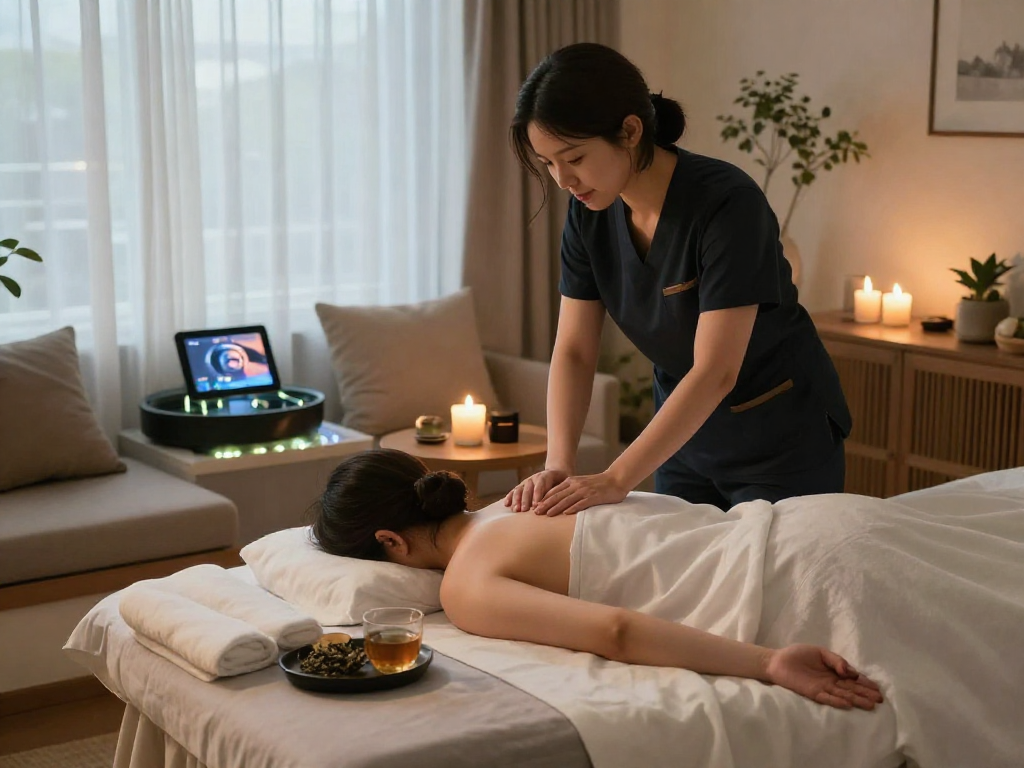 Relaxing 서울출장마사지 session at home, featuring soothing ambiance.