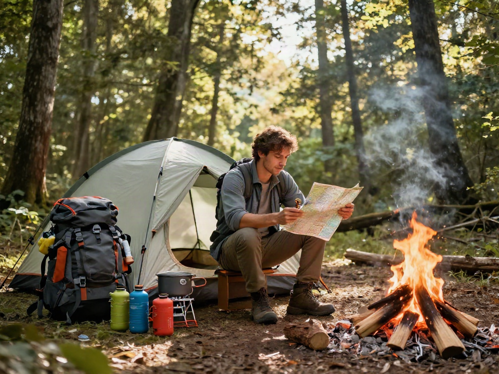 Outdoor camping gear and adventurer preparing for a trip at https://www.anniescollections.com in scenic forest.