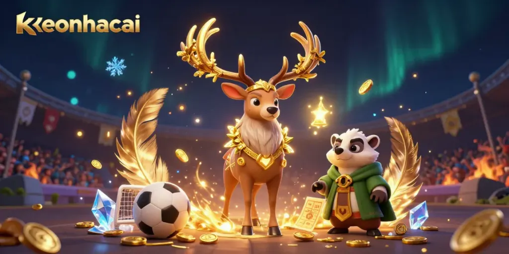 Engage in thrilling sports betting with keonhacai, featuring dynamic characters and stadium elements.