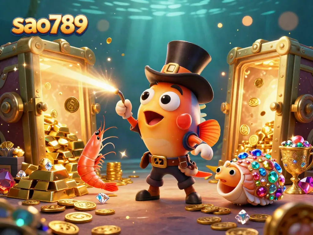 Sao789 invites players to win gold and jewels in this vibrant underwater scene with a whimsical anglerfish.