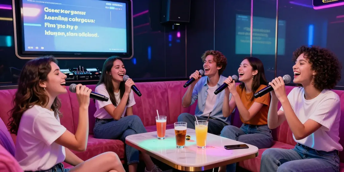 강남가라오케에서 즐거운 친구들과 함께 노래 부르는 장면, 화려한 조명과 음료가 있는 아늑한 분위기.