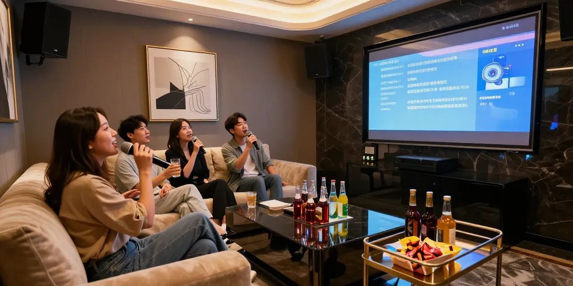 강남가라오케의 고급스러운 프라이빗 룸에서 친구들이 즐겁게 노래 부르는 모습