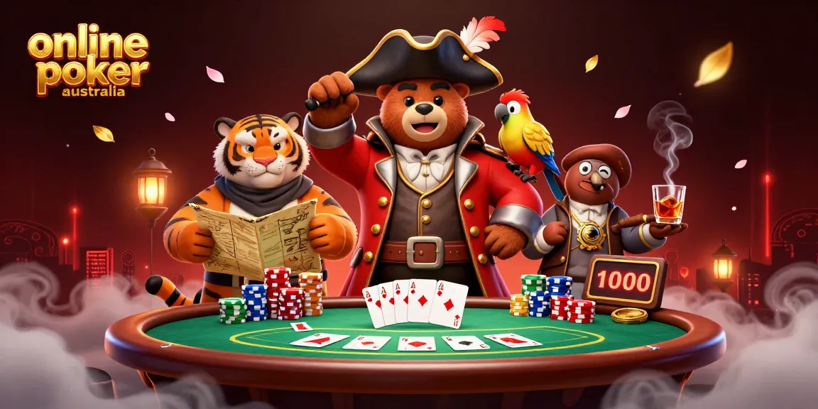 Engage in online poker Australia with vibrant characters and dynamic game elements in a captivating 3D scene.