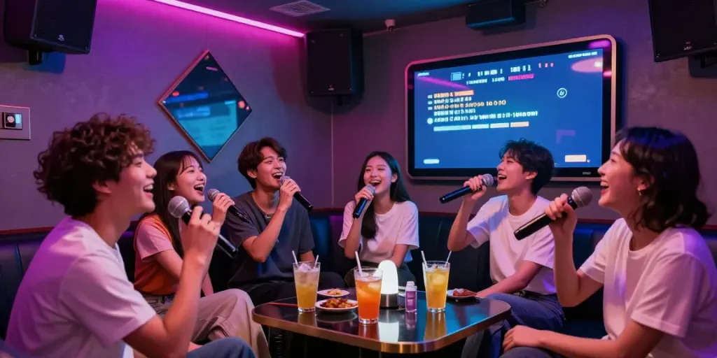 강남 달토의 활기찬 가라오케 분위기에서 친구들이 노래를 부르고 있는 장면