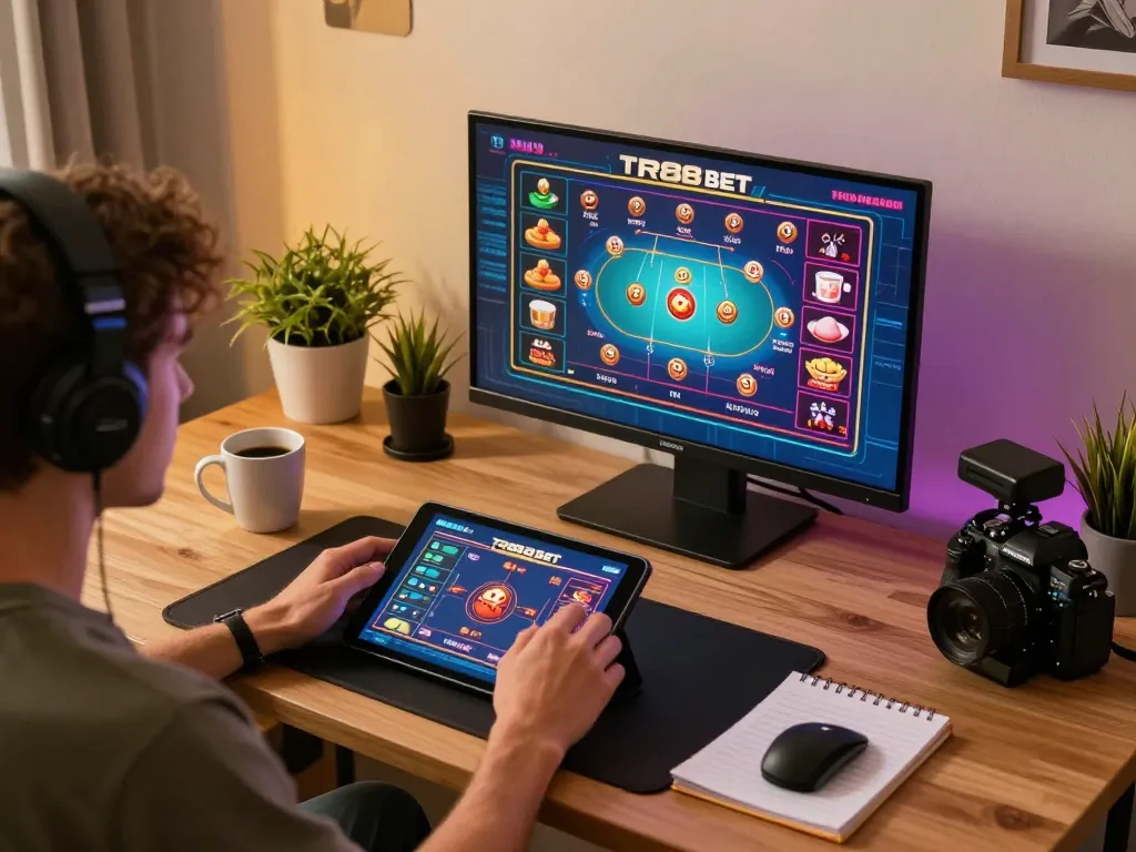 Player engaging in tr88 bet with a tablet in a cozy home gaming setup, showcasing strategic betting.
