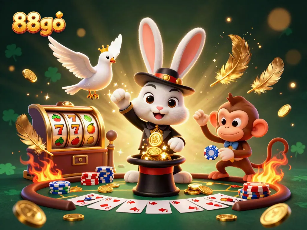 Explore dynamic 88go casino excitement with a magician rabbit, dove, and monkey amid slot reels.