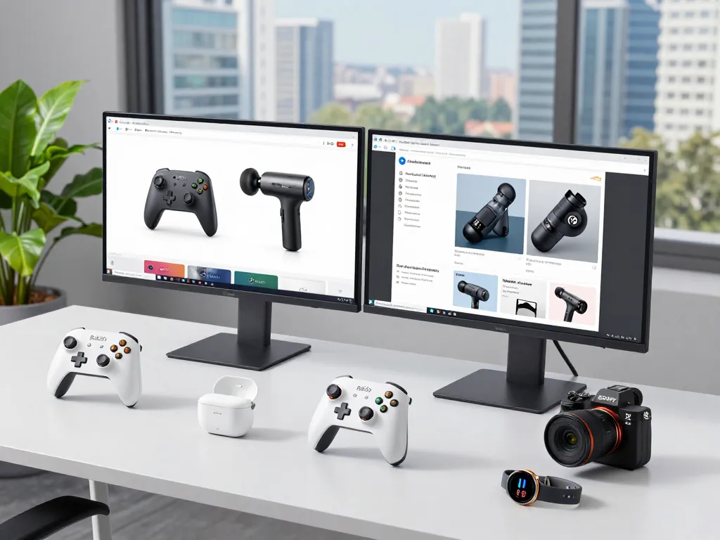 Exploring the top 10 tech gadgets 2075 in a modern office setting with Bluetooth devices and vibrant city views.