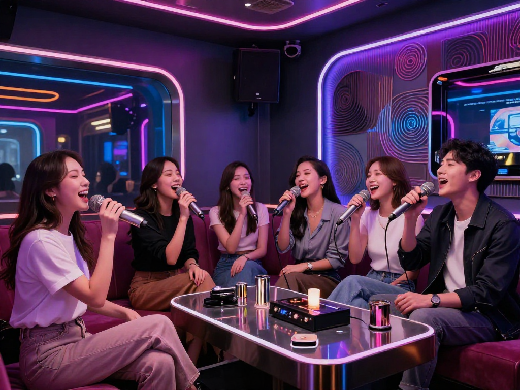 강남 가라오케 gangnam-karaoke.kr에서 친구들과 함께 노래를 부르는 화려한 내부 모습.