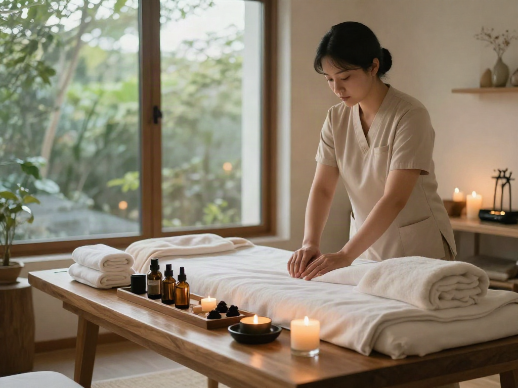 양천구출장안마 service set in a tranquil home spa, therapist preparing calming oils, serene setting with natural light.