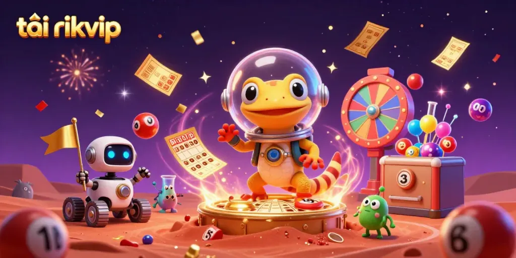 Experience the excitement of tải rikvip with a vibrant Martian casino scene filled with colorful lottery elements.