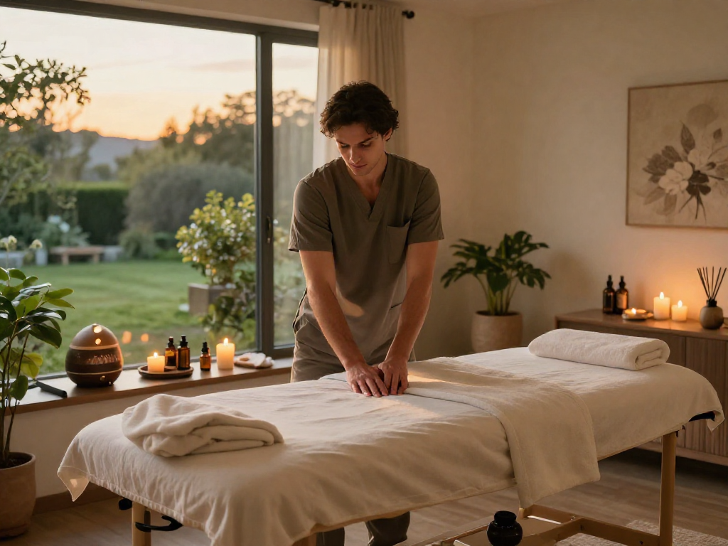 Relaxing 분당구오피 massage therapy room with calming ambiance and soothing elements.