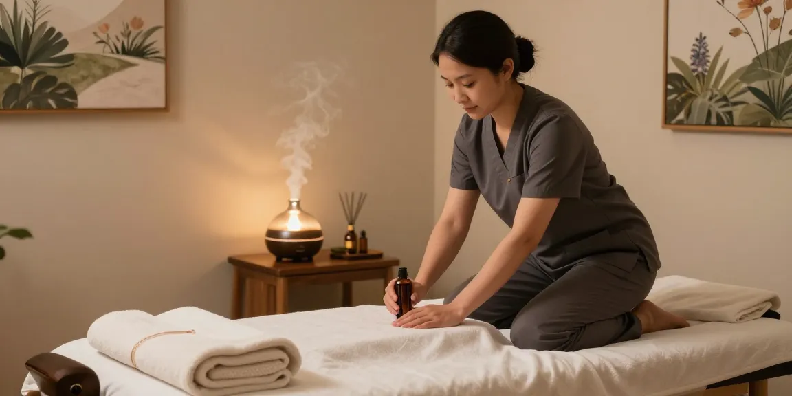 시흥출장마사지 service in a cozy home setting with a therapist preparing aromatic oils for clients.