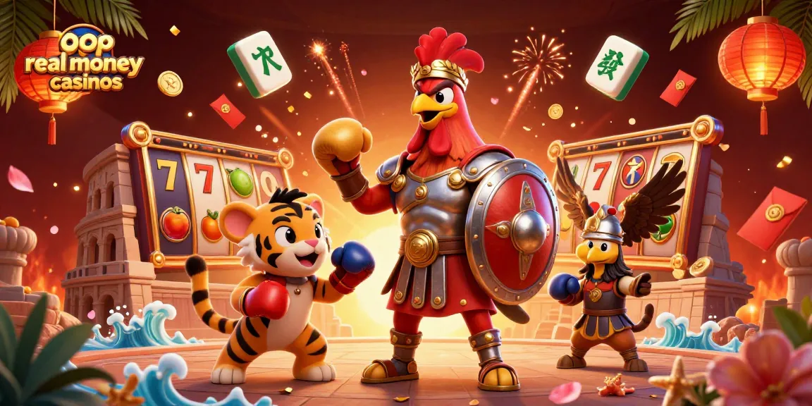 Explore the top real money casinos with a dynamic 3D illustration of a gladiator rooster, showcasing vibrant casino elements.