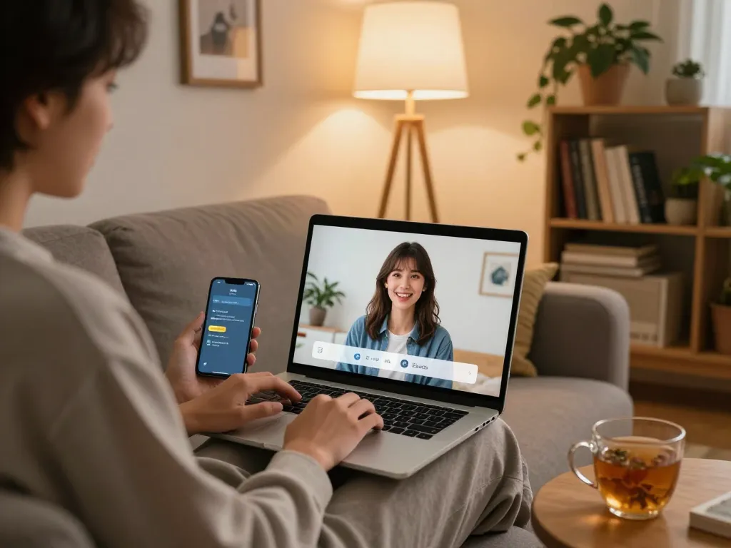 Engaging with a girlfriend AI on a laptop in a cozy home setting.