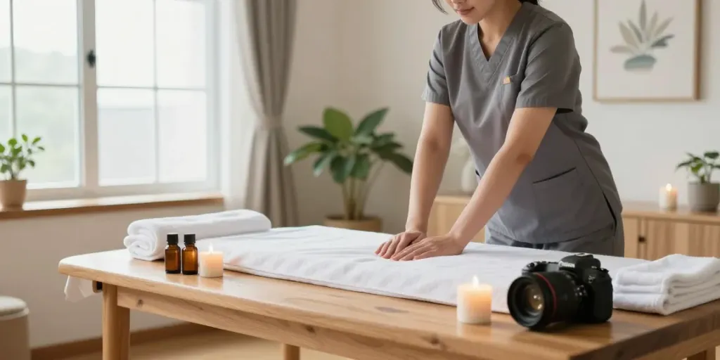 Relaxing home massage space showcasing 의정부출장마사지 therapist preparing with essential oils and candles.