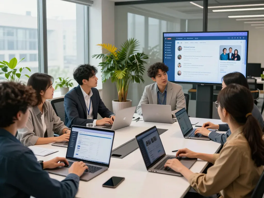 현대 사무실에서 오피스타 플랫폼에 대한 협업, 사용자 친화적인 인터페이스와 전문적인 팀워크를 보여줍니다.