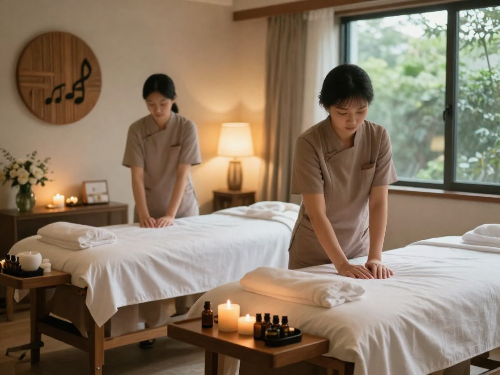 일산출장안마 in a tranquil massage room with soft lighting and calming decor
