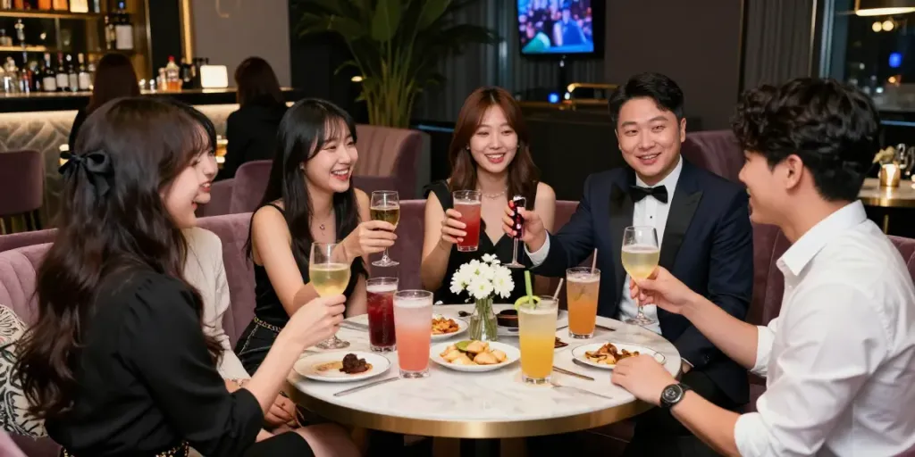 강남구구단 쩜오에서 친구들과 축하하는 사교적인 분위기