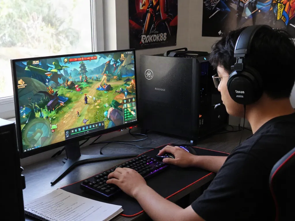 Player engaging with ROKOK88 login on a vibrant gaming setup, showcasing immersive graphics and gaming gear.