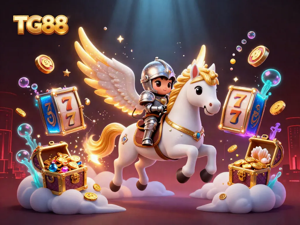 Engage with the dynamic world of TG88 casino featuring a celestial knight, a white horse, and vibrant game elements.