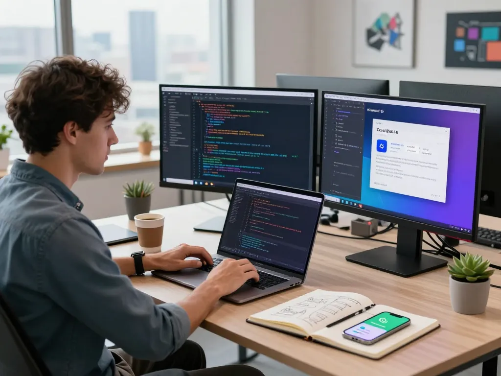 Developer using clawdbot ai in a modern workspace with multiple monitors displaying code and app interfaces.