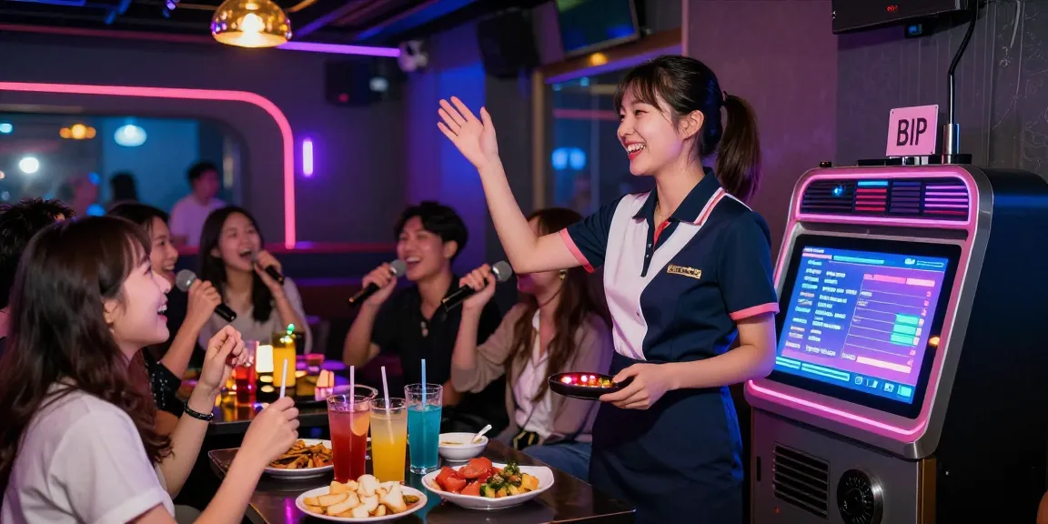 노래방밤알바에서 즐거운 시간을 보내는 여성이 고객과 소통하는 장면