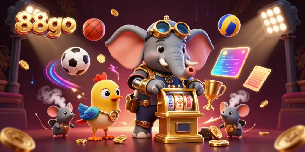 Experience the excitement of 88go with a steampunk elephant engineer at a golden slot machine amidst dynamic sports elements.
