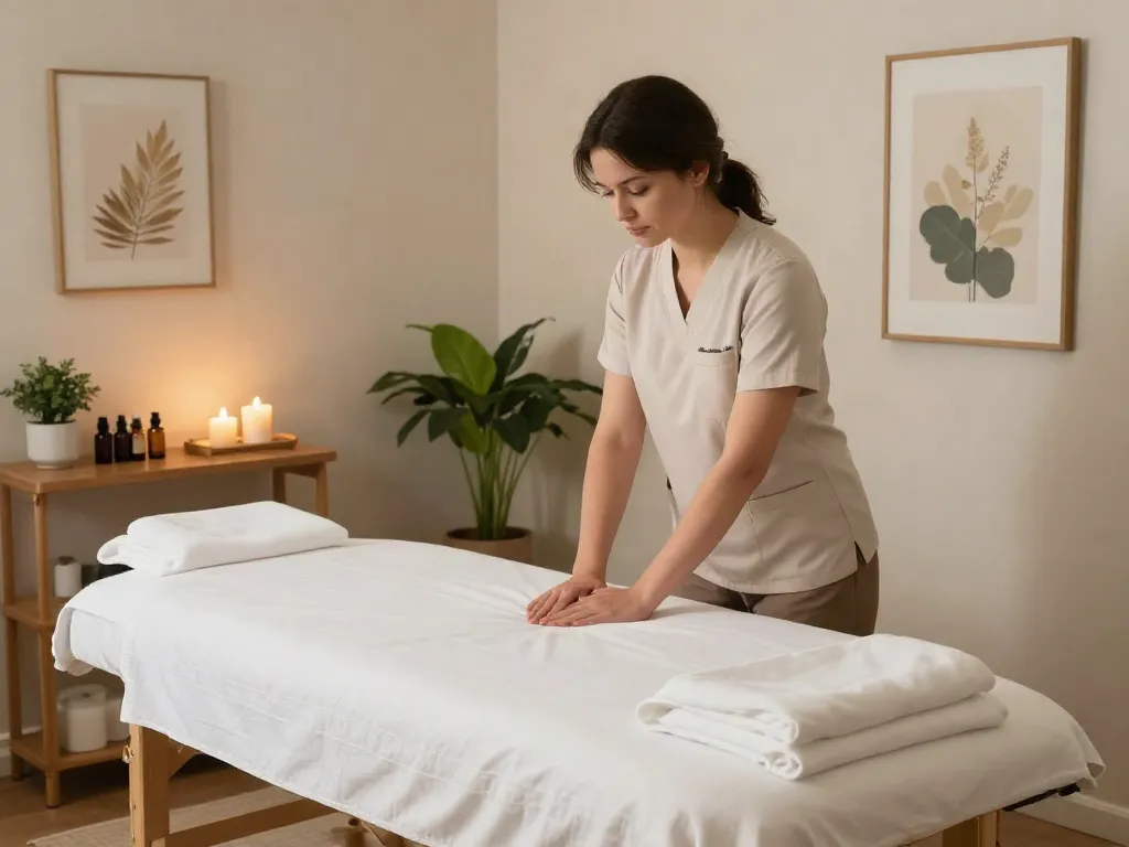 수원후불출장 service offering a serene massage therapy environment with essential oils, candles, and calming decor.