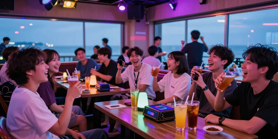 제주유흥에서 즐거운 시간을 보내는 친구들, 화려한 네온 조명과 음료가 있는 활기찬 장소