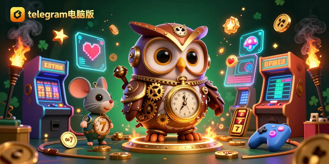 在这个充满生机的游戏场景中，与telegram电脑版互动，特色是蒸汽朋克猫头鹰和丰富的赌场元素。