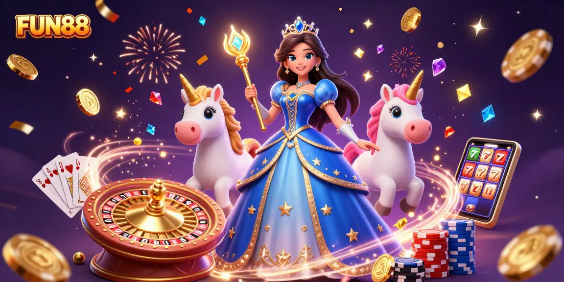 Engage with FUN88 in this vibrant casino scene filled with sparkling gems, exciting games, and enchanting visuals.