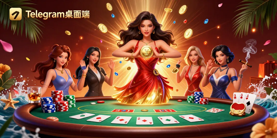 体验Telegram桌面端的赌博刺激，展示一位光彩夺目的女性和生动的扑克元素。