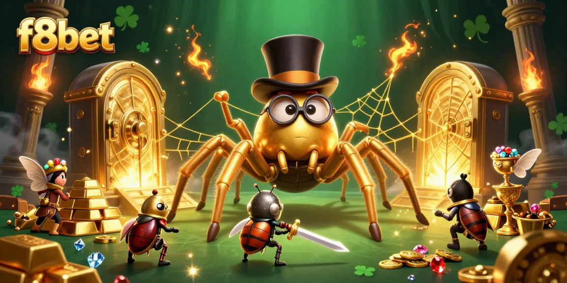 Play games at f8bet with a unique cartoon twist featuring characters amid piles of gold and jewels.
