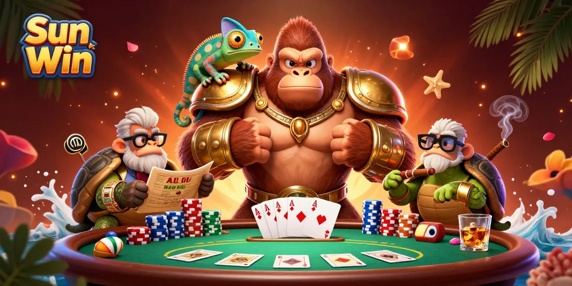 Action-packed scene of Sun Win, featuring a gorilla king, chameleon, and tortoise with poker elements.
