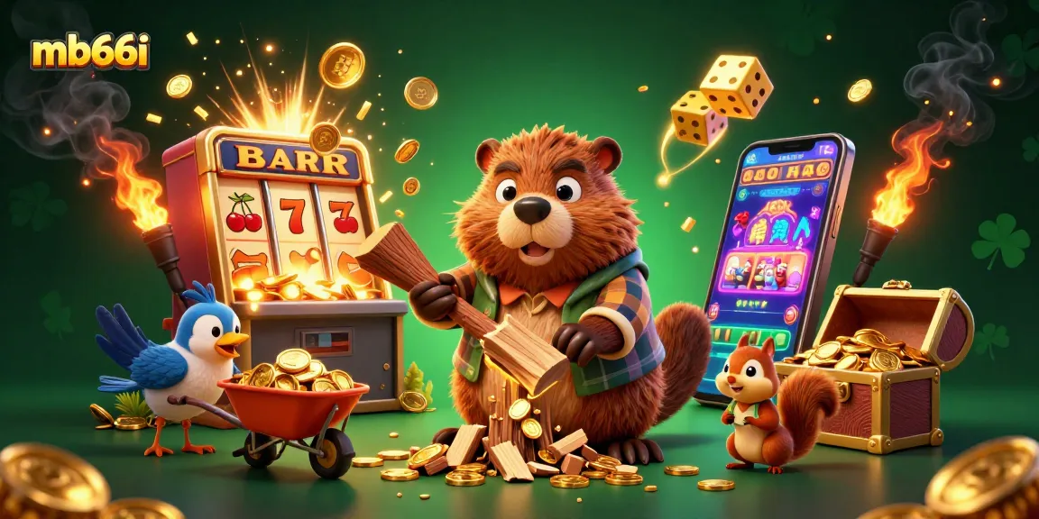 Spin and win at mb66i with a vibrant 3D casino scene featuring cheerful characters enjoying slots and golden coins.