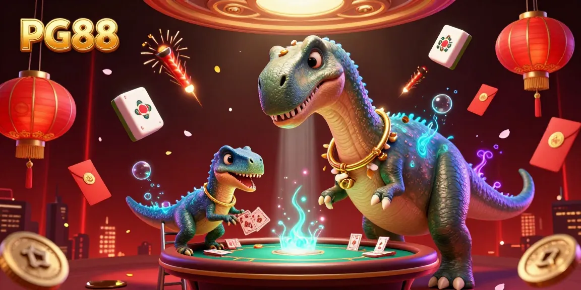 PG88 players enjoy vibrant casino fun with a brontosaurus overseeing a poker game, surrounded by colorful elements.