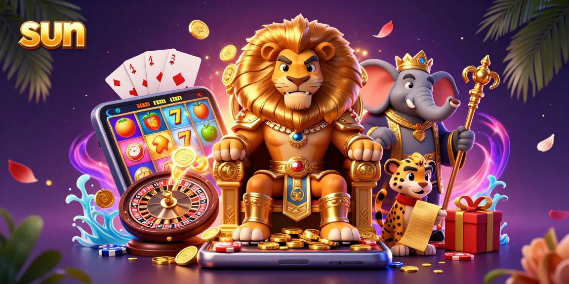 Engage with thrilling slots at sun-themed online casino featuring lion king on throne.