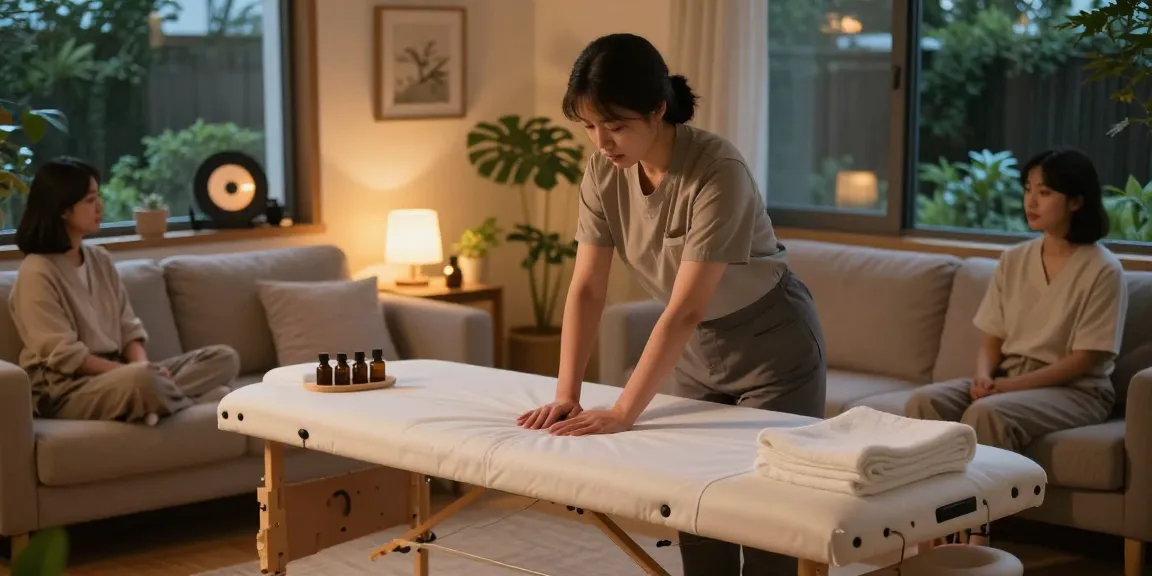Relaxing home setting for 노원출장마사지 with a therapist preparing a massage.